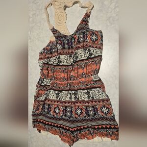 Boho Coral And Navy Romper With Crochet Back Detail Ladies L